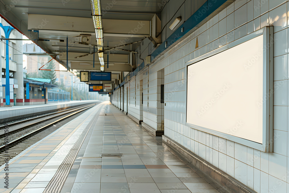 Obraz premium A blank empty canvas poster screen board hanging on a wall at a railway station