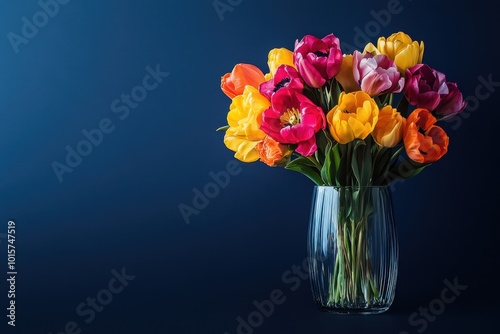 Wallpaper Mural AI generative, A Vibrant Bouquet of Multicolored Tulips in a Glass Vase Against a Dark Blue Background Torontodigital.ca