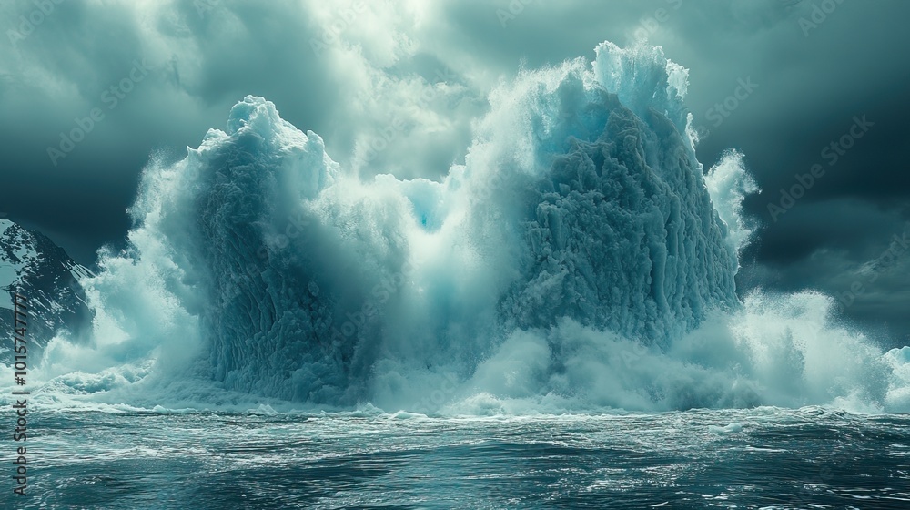 Obraz premium A glacier crumbles into the bay, sending waves rippling through the cold waters below.
