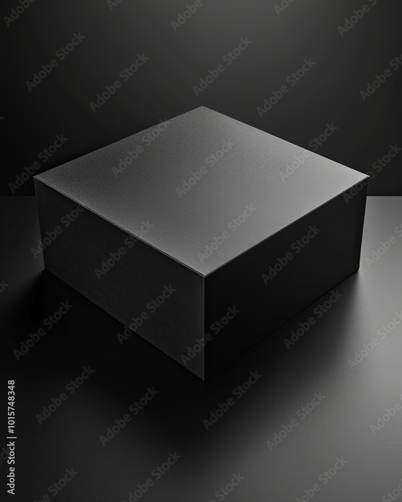 Square matte black box, slight texture, spotlight from above highlights its geometric form.