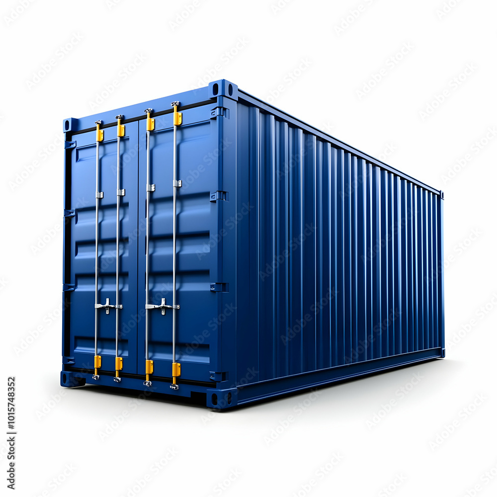 Blue shipping container on a white isolated background, ideal for transportation and logistics concepts. Blue shipping container on a white isolated background, ideal for transportation and logistics concepts.