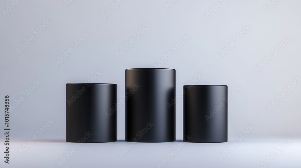 Three black cylinders are arranged in a row on a white background Three black cylinders are arranged in a row on a white background