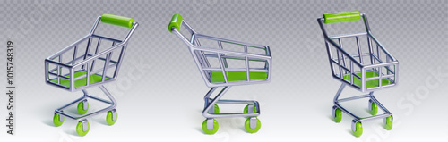 3d green trolley cart for grocery in supermarket. Isolated realistic market shopper for app. Hypermarket empty pushcart for ecommerce consumerism concept. Metal container on wheel illustration
