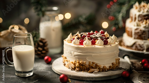 Christmas themed slice of cake with a glass of milk photo