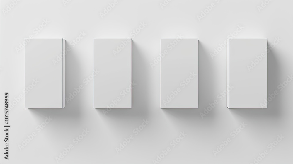 Five matte white boxes, varying sizes, arranged on a white background, with faint shadows below. Five matte white boxes, varying sizes, arranged on a white background, with faint shadows below.