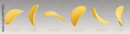 Flying potato chip 3d realistic set isolated on transparent background. Vector illustration of crisp snack floating in air. Crunchy junk food meal. Fried or baked wavy slices of vegetable root.
