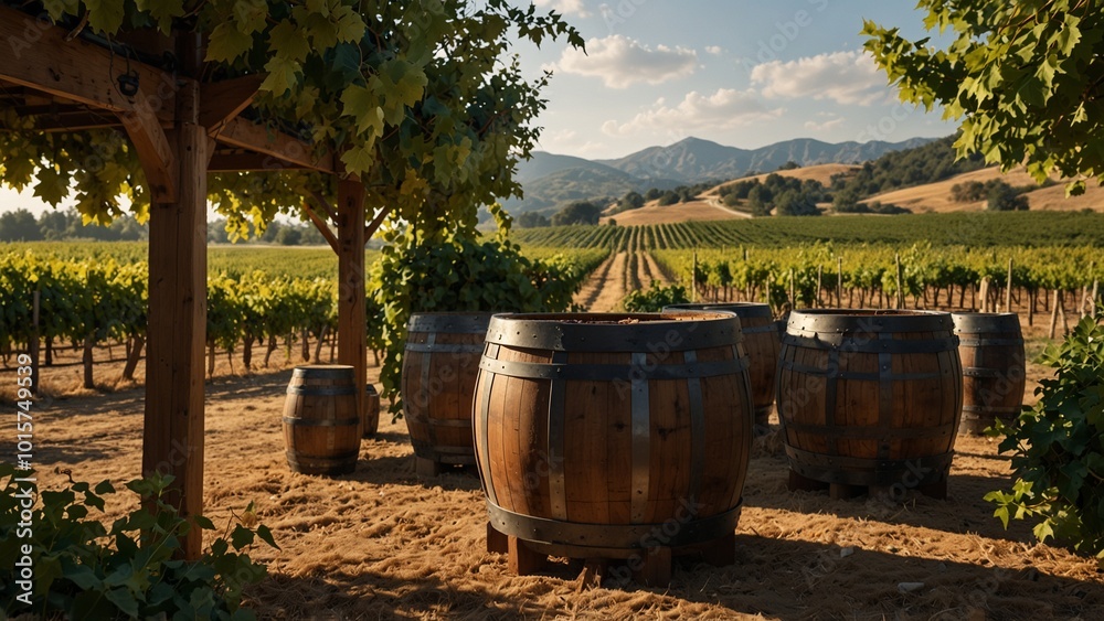 Fototapeta premium Portray Dionysus brewing wine in a vineyard, surrounded by vines and wine barrels, set against a bountiful vineyard and sunny background, showcasing craftsmanship and abundance.