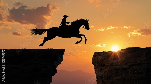 Silhouette of Cowboy Riding Horse over Cliff at Sunset