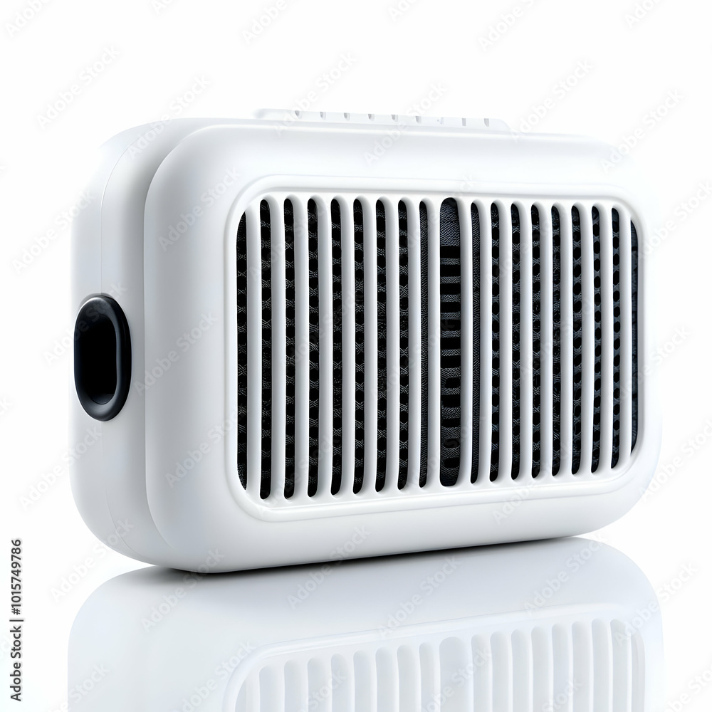 Compact white electric fan heater with a stylish design, isolated on a reflective surface. Compact white electric fan heater with a stylish design, isolated on a reflective surface.
