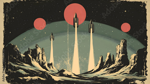 Vintage Illustration of Three Spaceships Launching from an Alien Planet with Red Moons in the Background