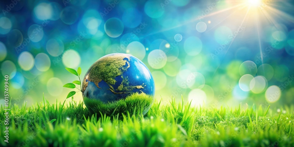 A miniature Earth rests gently on a bed of lush green grass, bathed in the warm glow of a sun shining brightly through a bokeh of vibrant blue and green hues. A miniature Earth rests gently on a bed of lush green grass, bathed in the warm glow of a sun shining brightly through a bokeh of vibrant blue and green hues.