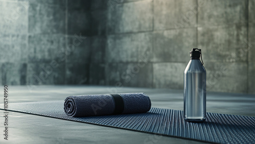 grey and blue yoga mat with water bottle and towel in gym setting