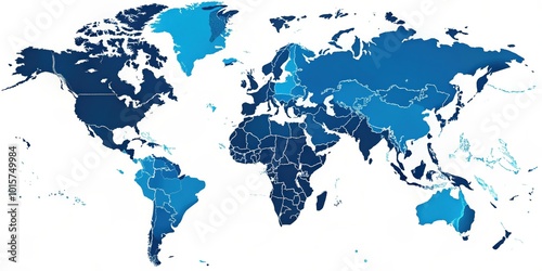 Fototapeta Naklejka Na Ścianę i Meble -  A high resolution vector illustration of the world map with countries outlined in white and filled with different shades of blue.