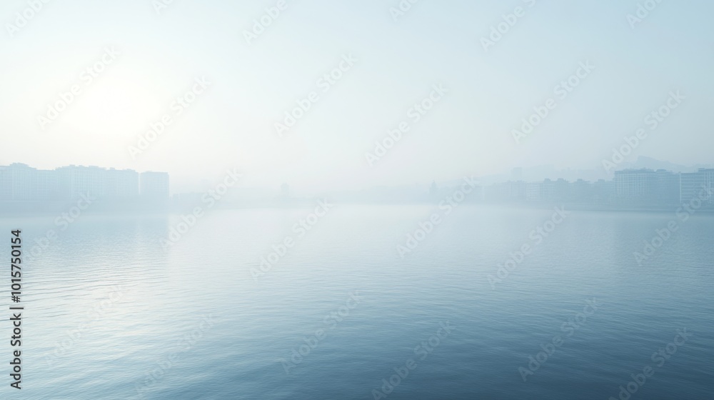 Fototapeta premium City Skyline obscured by fog and haze over a calm body of water.