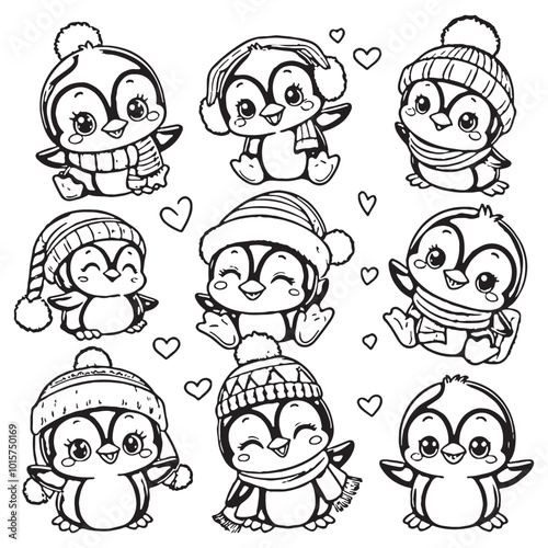 set of cute penguin for coloring page