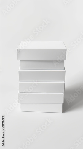Stack of four matte white boxes, varying in size, on white background, soft shadows at the base.