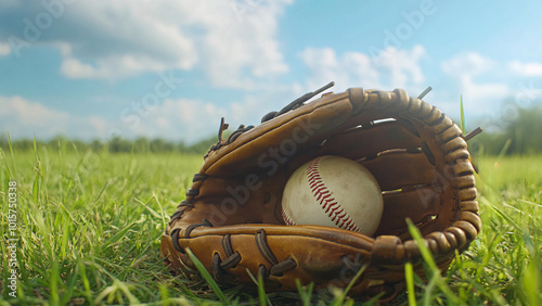 baseball glove and ball in grassy field - summer sports equipment, outdoors, nostalgia, vintage, recreation