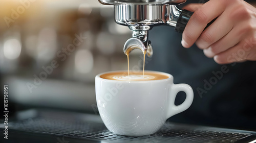 Fresh espresso pouring into a white cup with creamy foam on top, creating a perfect coffee experience. photo