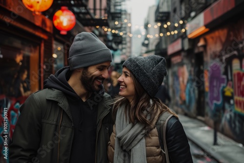 Couple in love walking in New York City, wearing warm clothes.