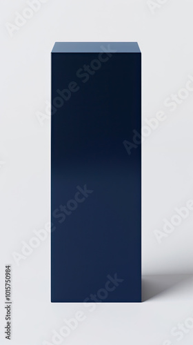 Tall glossy navy blue box, bottom left on white background, high-reflective surface, soft shadow.