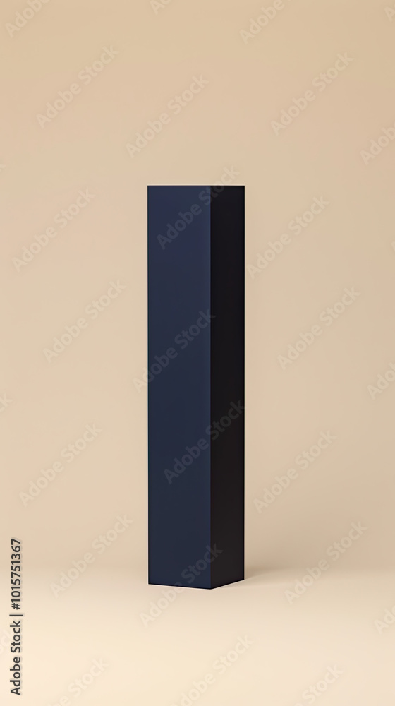 Slim, tall navy box on a plain beige background, front lighting casts a faint shadow. Slim, tall navy box on a plain beige background, front lighting casts a faint shadow.