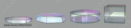 Geometric glass podiums mockups set isolated on background. Vector realistic illustration of transparent 3D hexagon, cylinder, cube models with light reflection on plastic surface, product pedestals