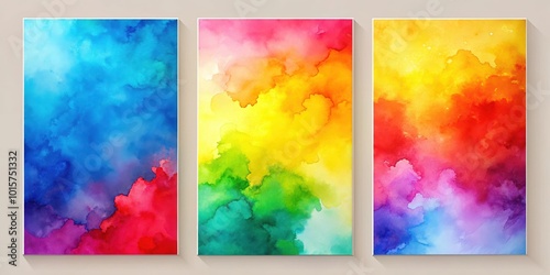 Abstract watercolor art with vibrant colors in shades of blue, red, green, yellow, and purple in a modern minimalist style.