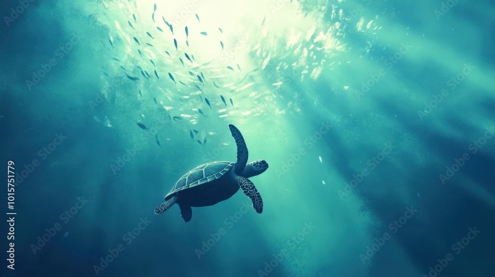 Fototapeta premium An underwater scene featuring a playful turtle swimming amidst schools of small fish, with sunlight filtering through the water, creating a serene and magical atmosphere.