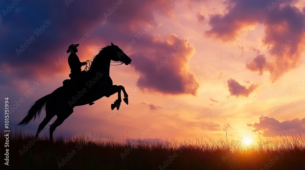 Silhouette of a cowboy on horseback at sunset Silhouette of a cowboy on horseback at sunset