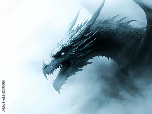 Majestic dragon emerging from mist, symbolizing power and mystery, against a white isolated background. photo