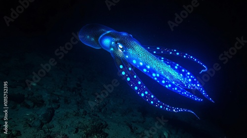 Foto Bioluminescent Squid with Glowing Blue Spots