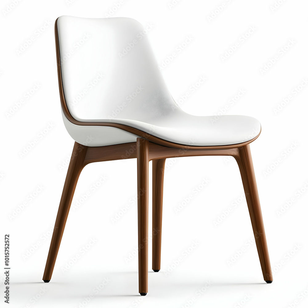 Modern sleek chair design with a white seat and wooden legs, perfect for contemporary interiors, isolated on a white background. Modern sleek chair design with a white seat and wooden legs, perfect for contemporary interiors, isolated on a white background.