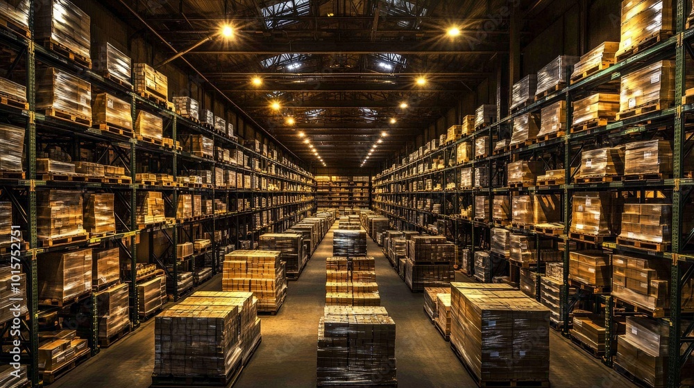 Massive Warehouse Full of Wooden Crates and Boxes Under Warm Lighting Massive Warehouse Full of Wooden Crates and Boxes Under Warm Lighting