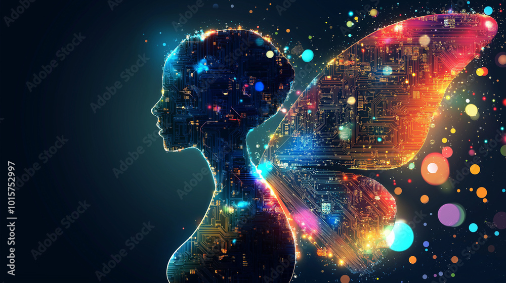 A colorful digital silhouette of a woman with butterfly wings, symbolizing creativity and technology in a vibrant, abstract setting A colorful digital silhouette of a woman with butterfly wings, symbolizing creativity and technology in a vibrant, abstract setting