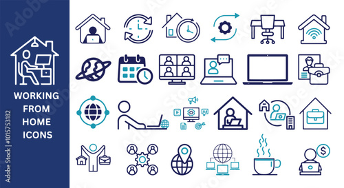 Working From Home Icon Set. Work online, laptop, freelancing, online meeting, work-life balance, home office.