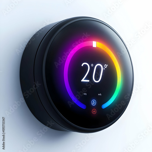 Smart thermostat with a colorful display showing 20 degrees Celsius on a clean background. photo