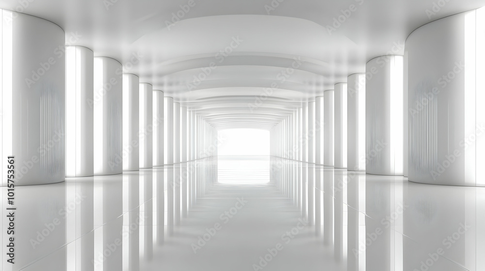 Obraz premium A 3D Render of a White Corridor with Columns and a Bright Light at the End