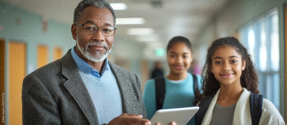 A senior teacher with a tablet, standing with two teenage students in a school hallway. A senior teacher with a tablet, standing with two teenage students in a school hallway.