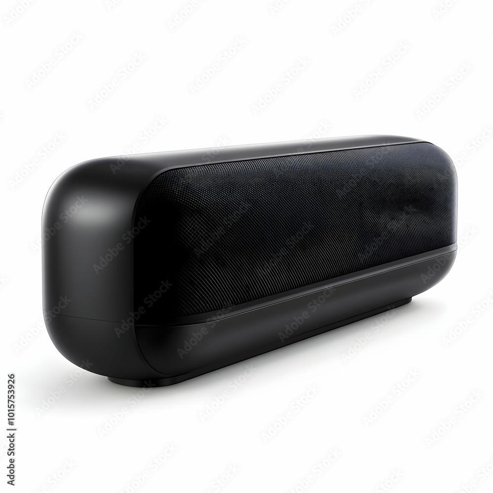 Naklejka premium Stylish black portable Bluetooth speaker, sleek design with premium sound quality, perfect for music on the go.