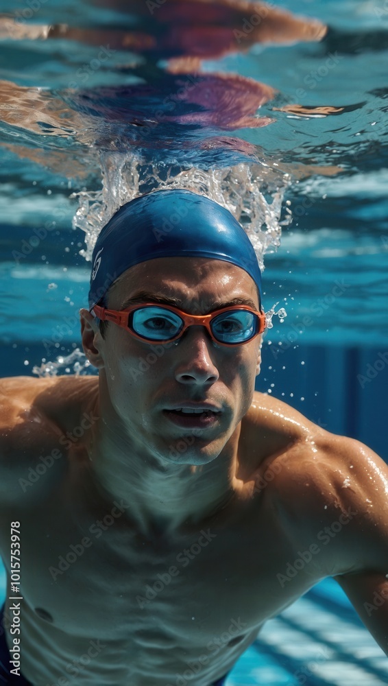 Fototapeta premium Focused Male Swimmer Kicking in Indoor Pool