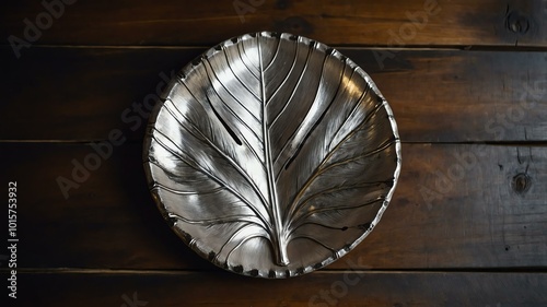 aesthetic silver leaf plate design art, top view on rustic wooden table photo