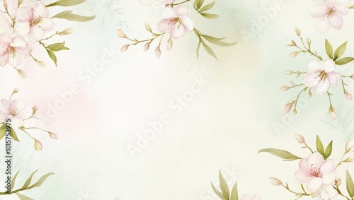 A vintage spring background featuring delicate sakura flowers and green leaves, with a textured border that adds a decorative touch to the floral design