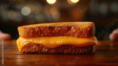 a grilled cheese sandwich sitting on top of a wooden table photo