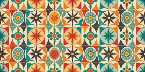 A Retro Geometric Tile Pattern Featuring a Colorful and Symmetrical Arrangement of Stars, Circles, and Flowers
