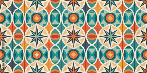 A mesmerizing pattern of geometric shapes, featuring a vibrant color palette of orange, teal, and cream, evokes a sense of retro style and contemporary design.