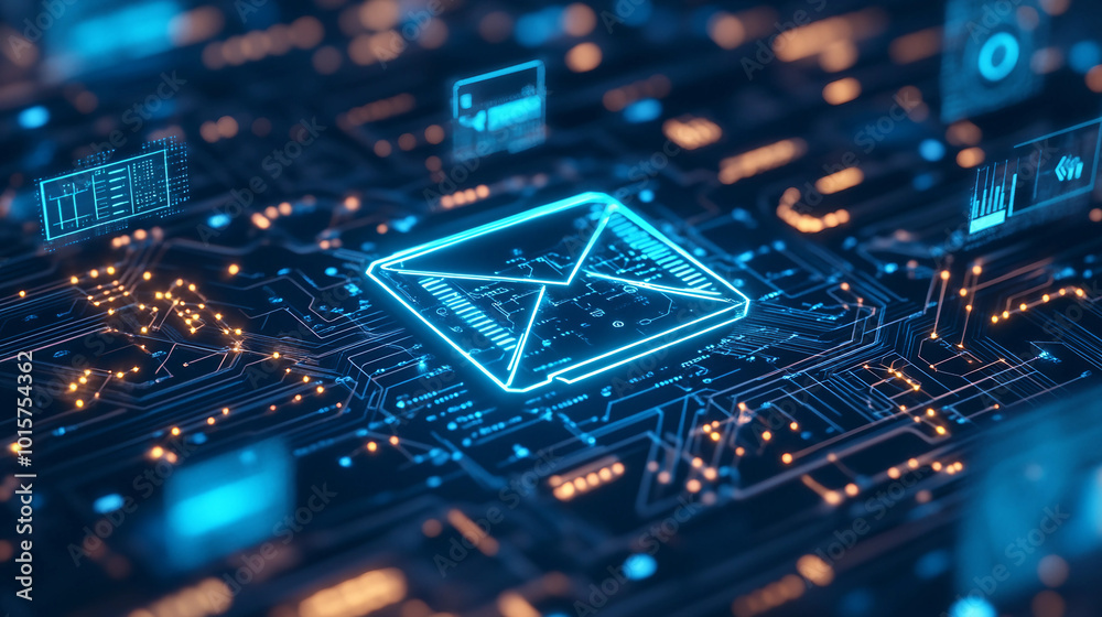 The Digital Communication Concept Illustrated Through Email Icons on a Circuit Board The Digital Communication Concept Illustrated Through Email Icons on a Circuit Board