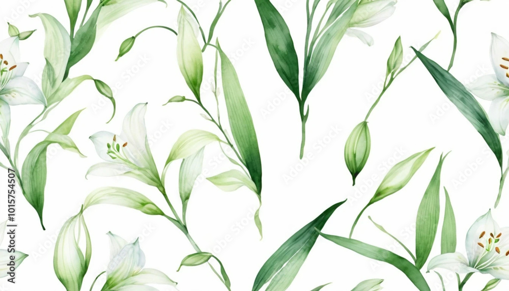 Fototapeta premium Green leaves and floral pattern in a fresh nature-inspired design