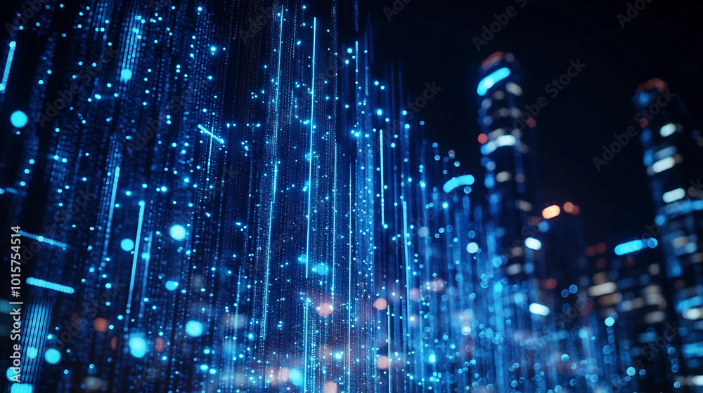 Fototapeta premium Urban Connectivity and the Digital Network Visualized in a Night Cityscape