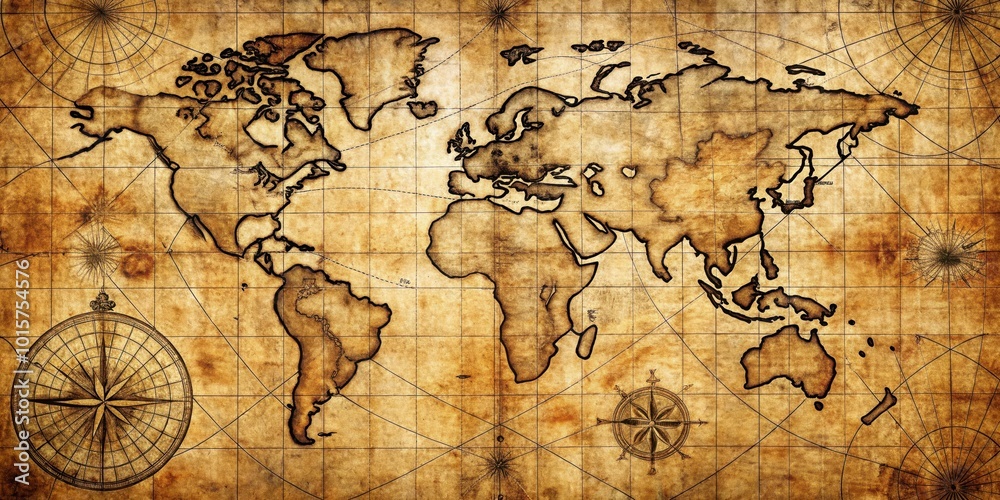 A timeworn world map, drawn in sepia tones, with compass roses and a grid pattern, hinting at the mysteries of exploration and discovery. A timeworn world map, drawn in sepia tones, with compass roses and a grid pattern, hinting at the mysteries of exploration and discovery.