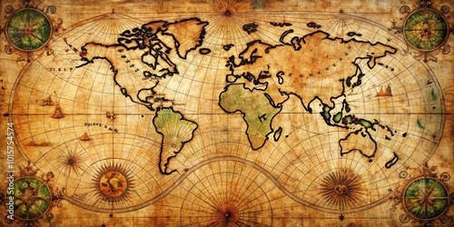 An ancient world map, aged and worn with time, displays the continents in intricate black outlines on a parchment background with intricate compass roses and ornate details